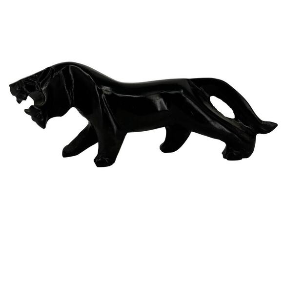 Black Panther Sculpture Hand Carved Glassy Stone MCM Jaguar Figurine 8 Inch - Picture 1 of 8